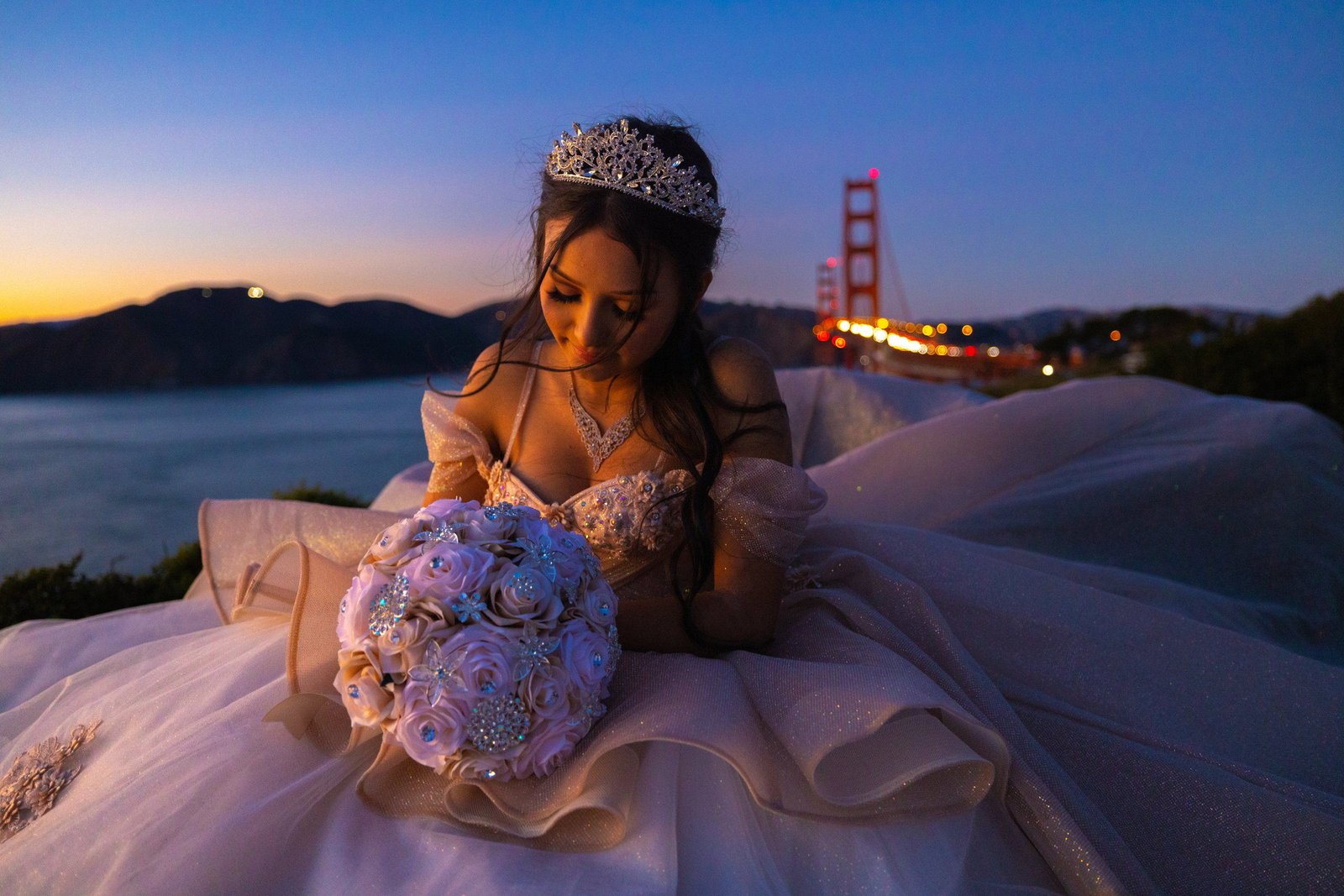 Quinceañera photographed at dusk near the Golden Gate Bridge